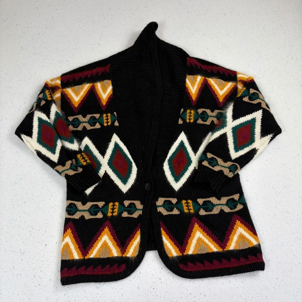 Vintage Southwest Aztec Blanket‎ Cardigan Sweater Black Geometric Chunky Knit M